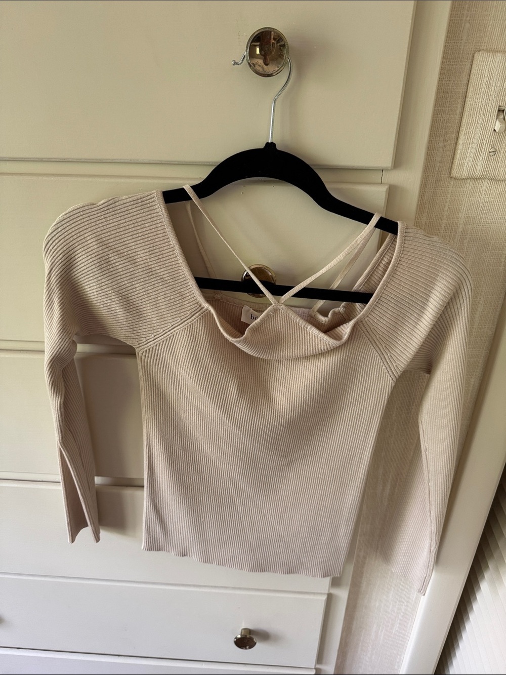 Bohme Beige Ribbed Long Sleeve Top with Cross-Back Straps